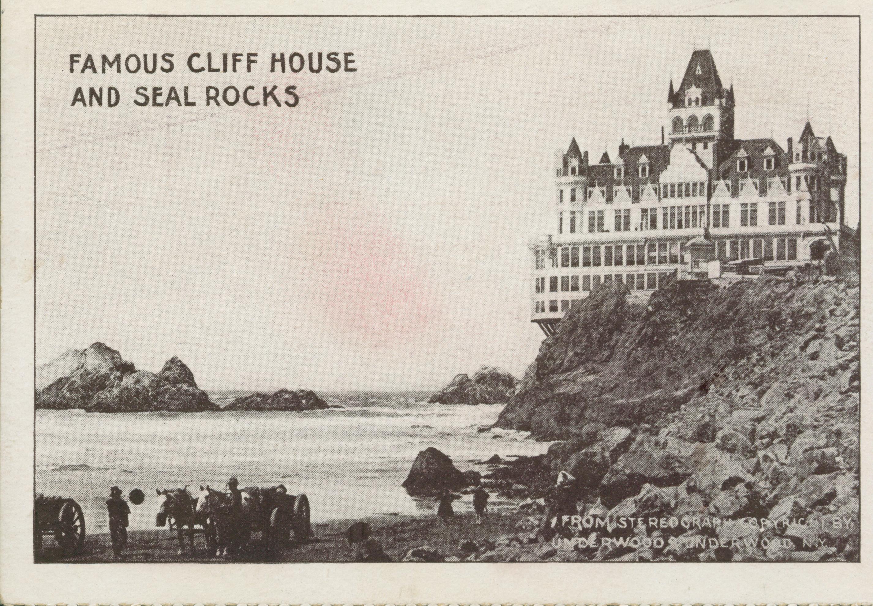 Shows the Cliff House and Seal Rocks with onlookers on the beach